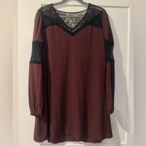 Express Maroon and Black Lace Long Sleeve Dress